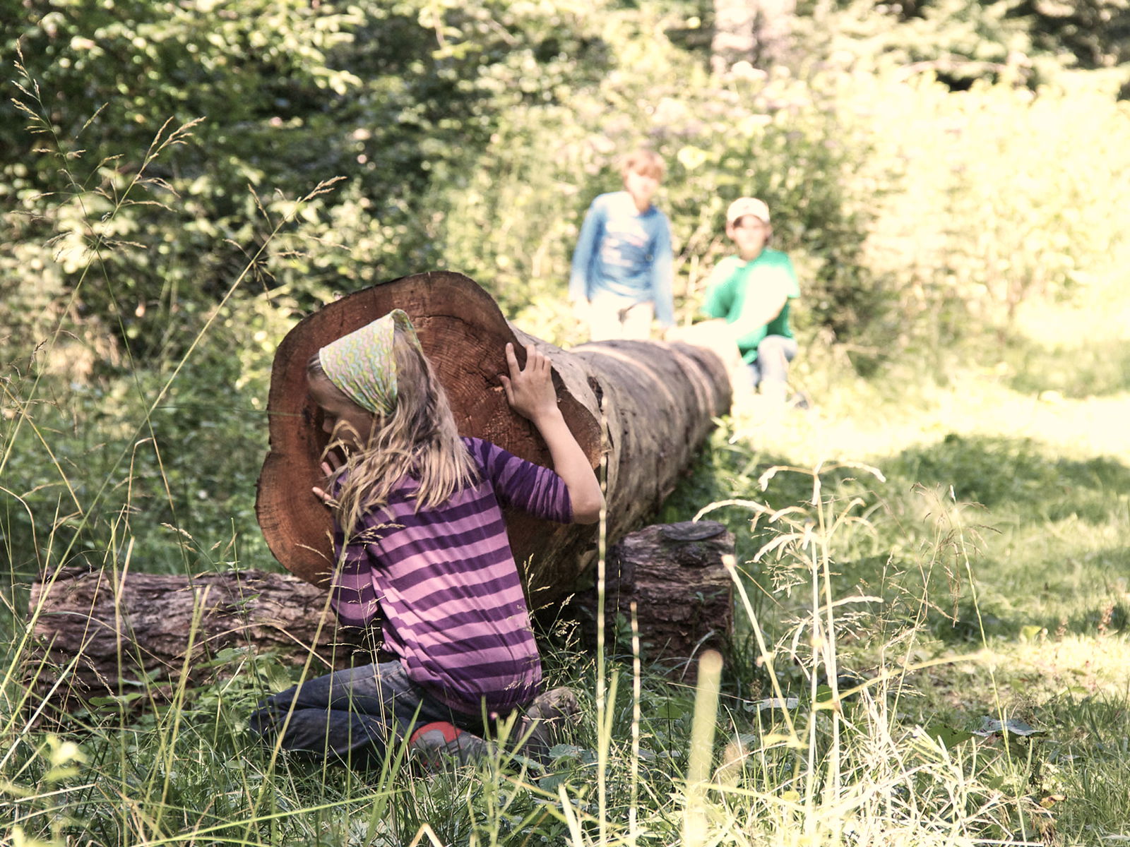 kinder, spielen, natur, wald, baumstamm, mädchen, spaß, baumtelefon, grenzhausen, naturkulturkeramik, keramikkultur, kannenbäckerland, höhrgrenzhausen