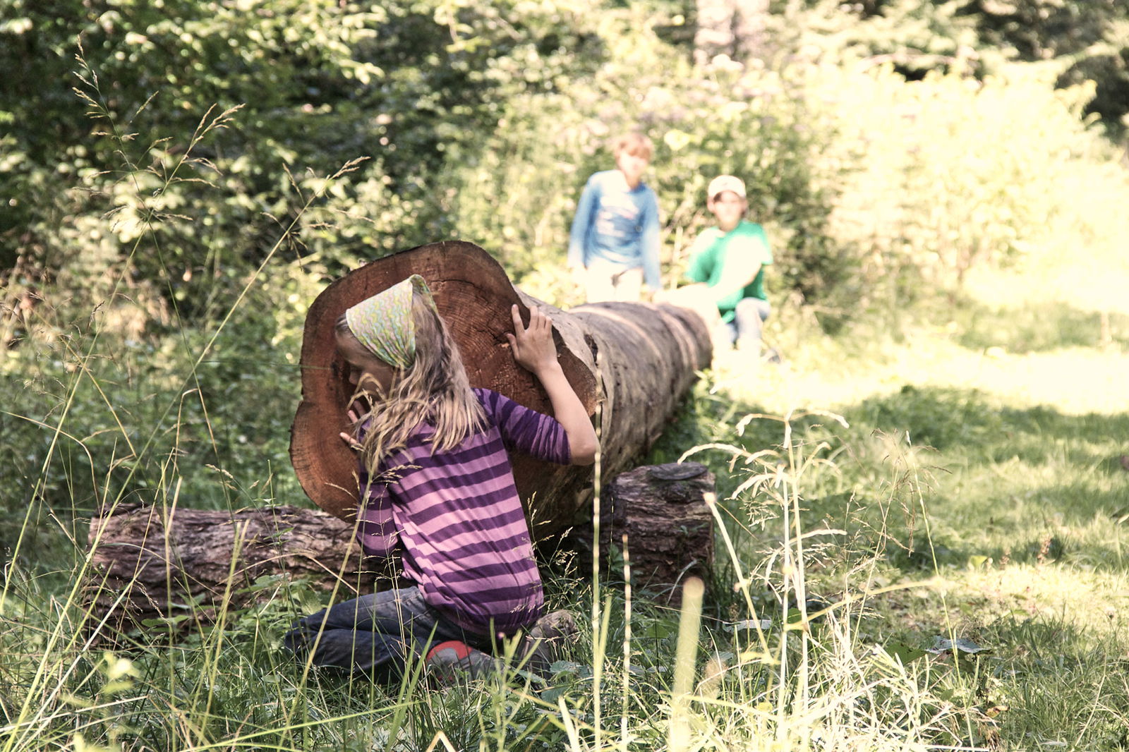 kinder, spielen, natur, wald, baumstamm, mädchen, spaß, baumtelefon, grenzhausen, naturkulturkeramik, keramikkultur, kannenbäckerland, höhrgrenzhausen