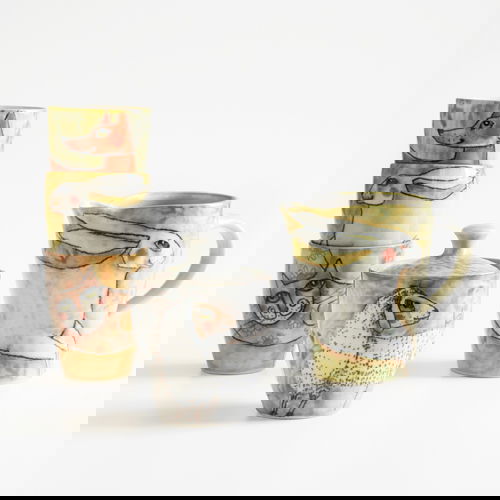 Bunt illustriertes Steinzeuggeschirr von Meyer & Matschke Keramik